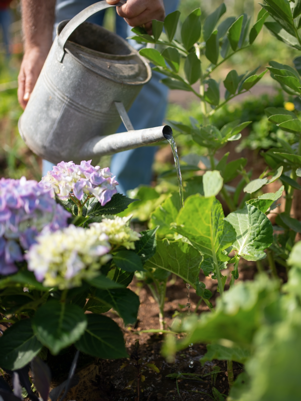 Eine Person gießt mit einer klassischen Zink-Gießkanne blühende Pflanzen in einem üppigen Gartenbeet.