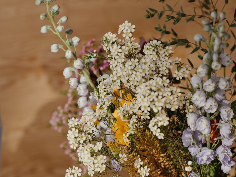 Getrockneter Blumenstrauß mit weißen und gelben Blüten vor einer Holzwand.