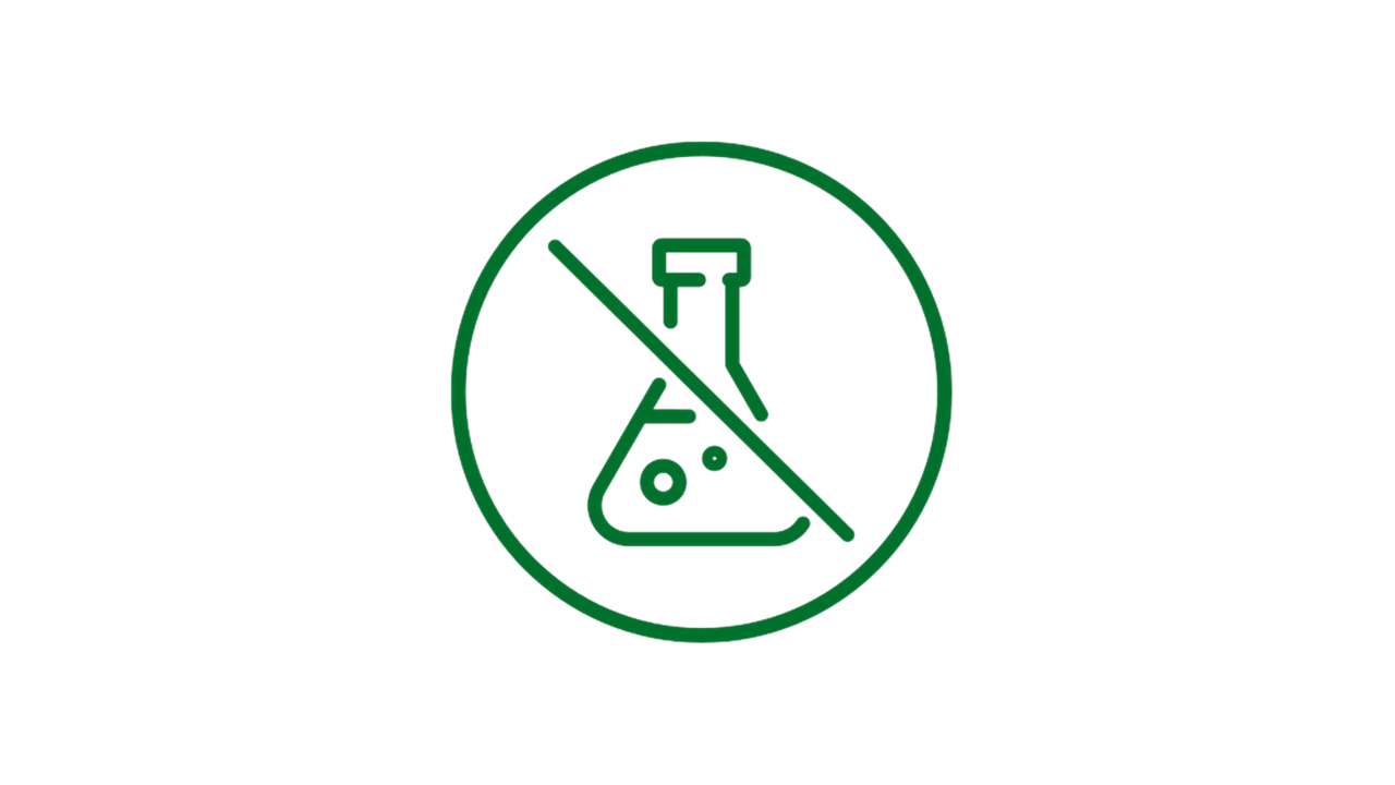 Grünes Icon-Symbol eines durchgestrichenen Chemie-Glaskolbens.
