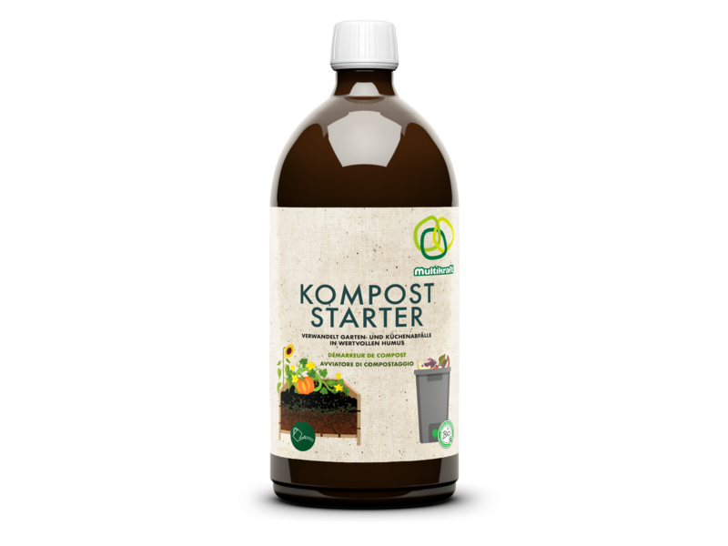 Freigestellte braune Flasche "Kompost Starter" auf transparentem Hintergrund.