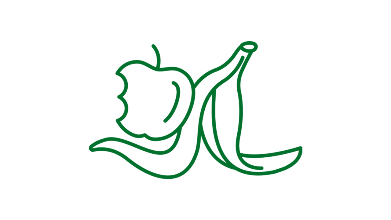 Grünes Icon-Symbol, das einen angebissenen Apfel und eine Bananenschale darstellt.