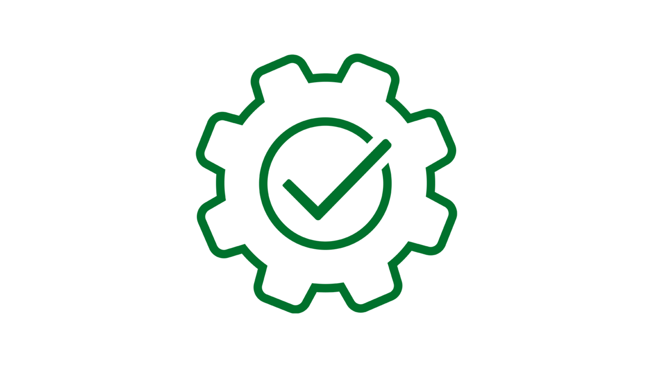 Grünes Icon-Symbol eines Zahnrads mit einem Häkchen in der Mitte.