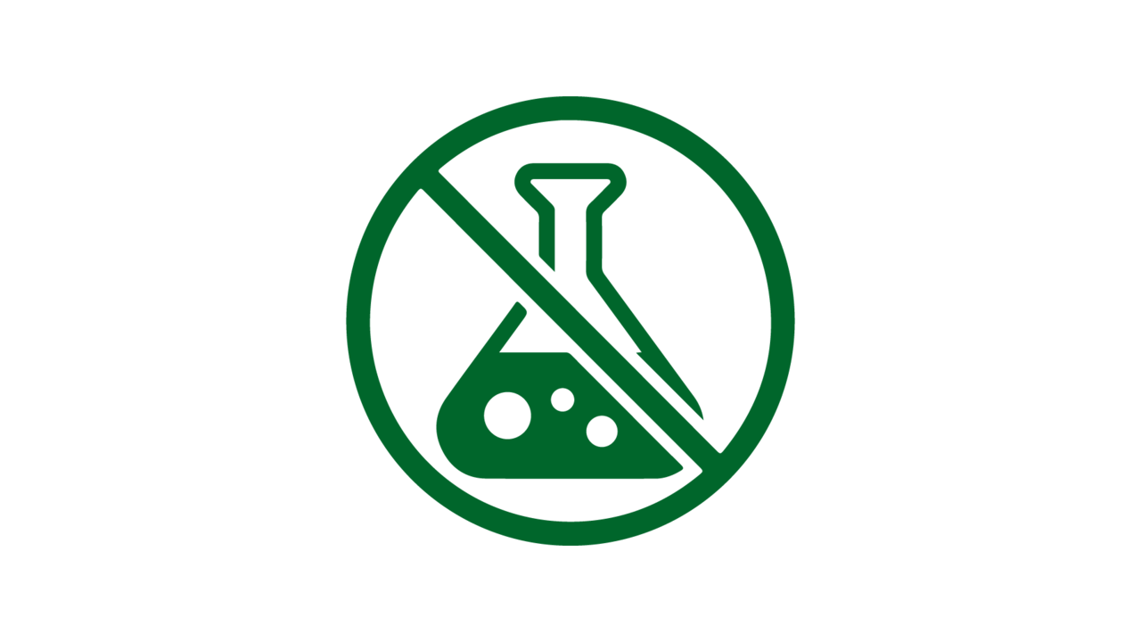 Grünes Icon-Symbol eines durchgestrichenen Chemie-Glaskolbens.