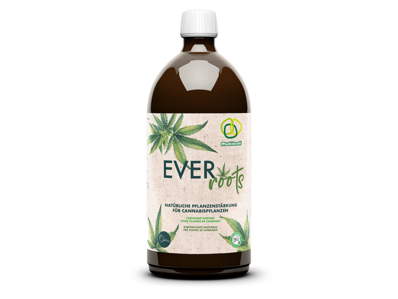 Freigestellte braune Flasche des Root-Aktivators "Everroots" vor transparentem Hintergrund.