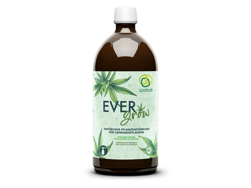 Freigestellte braune Flasche des Pflanzendüngers "Evergrow" vor transparentem Hintergrund.