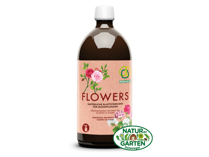 Braune Literflasche mit rosa Etikett "Flowers" und "Natur im Garten"-Siegel.